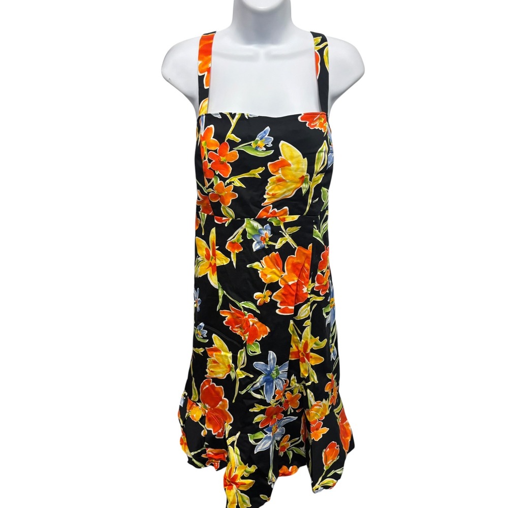 Madison Leigh Womens Floral Fit and Flare Dress Black Orange Tropical Size 16